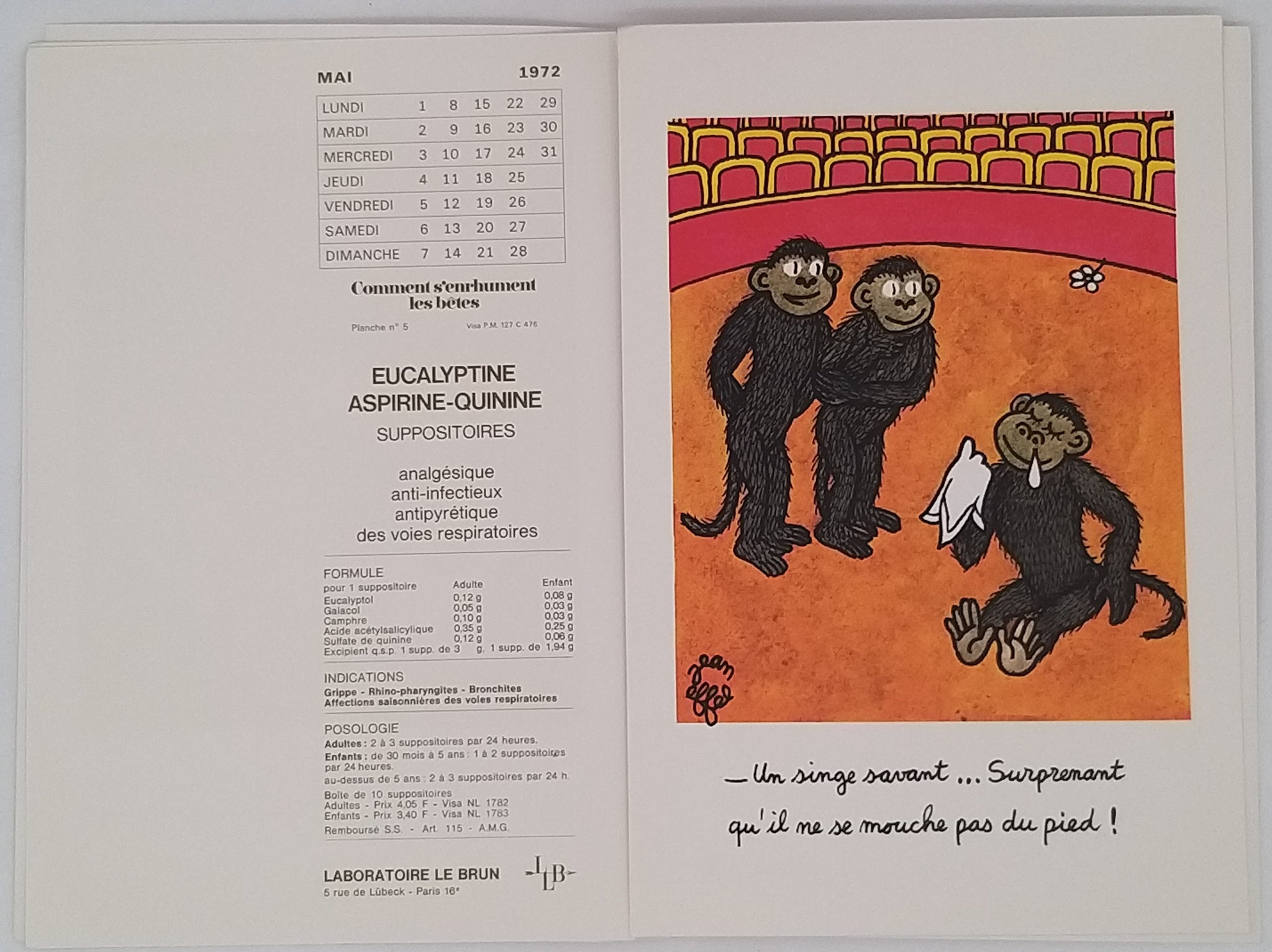 Calendrier Publicitaire 1972 'Comment S'enrhument Les Bêtes' Par Jean Effel - 7 Mois