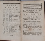 DILANGE Nicolas-Louis "Coutumes générales de l'Évêché de Metz commentées. Enrichies d'une table raisonnée des matières mise par ordre alphabétique"